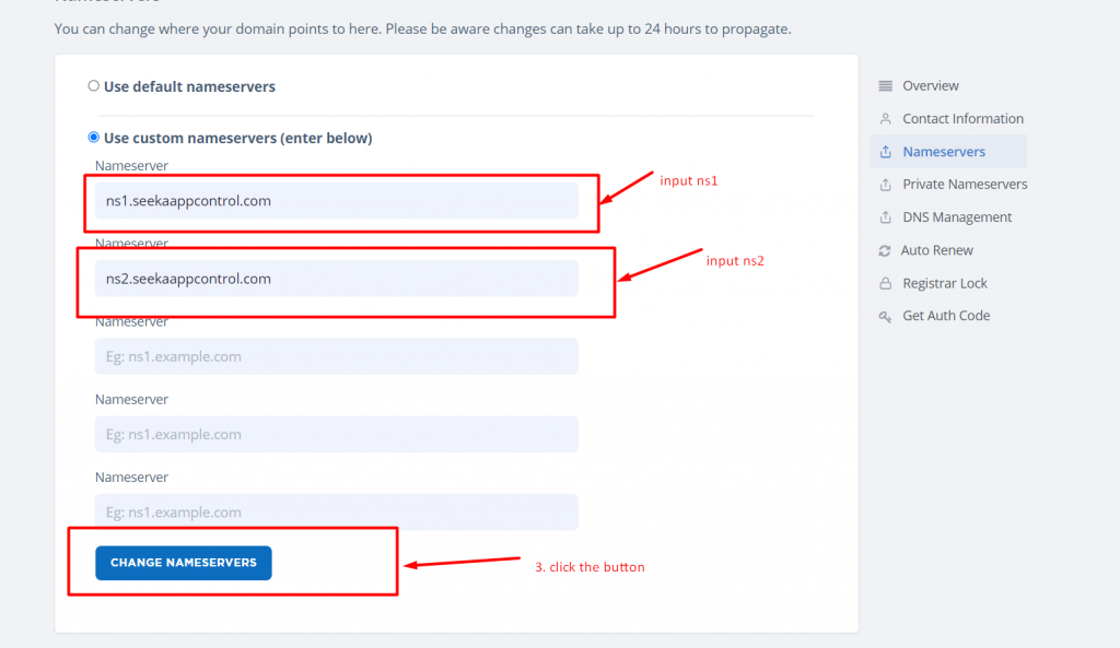 updating nameservers on seekapanel