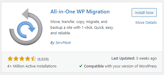 all in one wp migration to transfer WordPress site