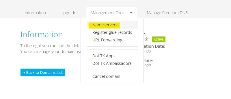 manage nameservers freenom