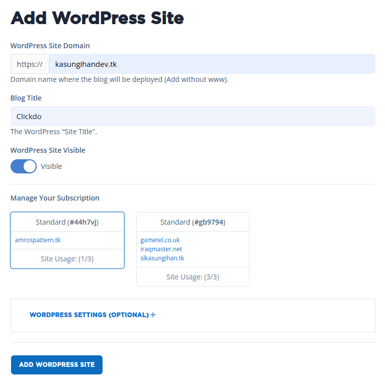 adding a wordpress website to hosting