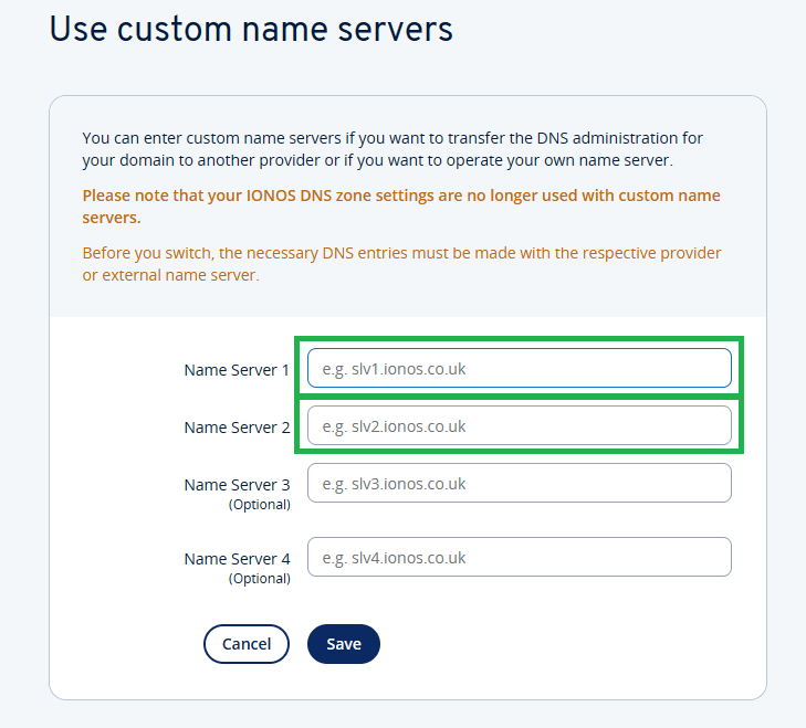 ionos custom nameserver section
